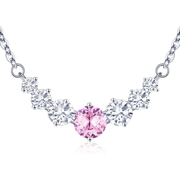 Women's Moissanite Birthstone Pendant Sterling Silver Gold Plating Pink Necklace - Picture 1 of 6
